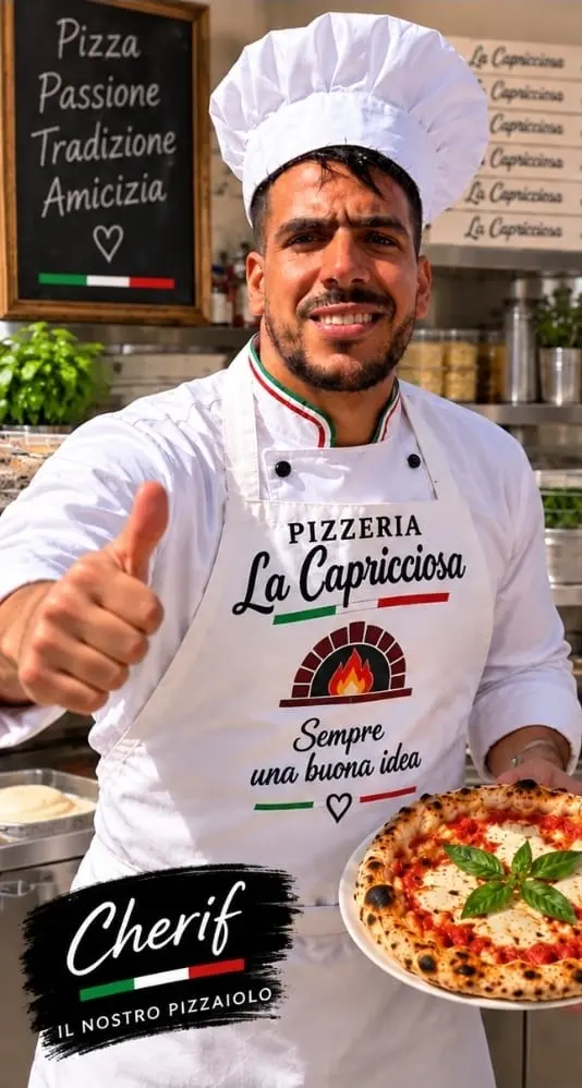 Cherif, maestro de masa y encargado de La Capricciosa, con una pizza Margherita