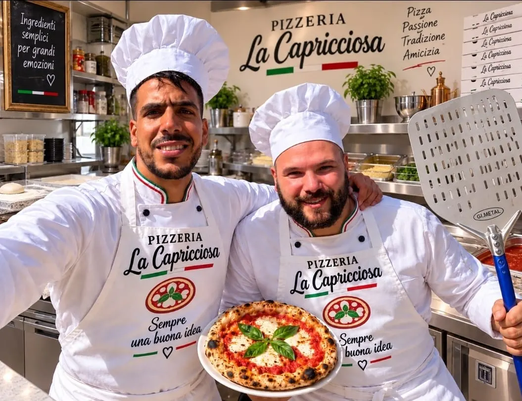 Cherif y Maks, maestros pizzeros de La Capricciosa en el obrador con una pizza Margherita